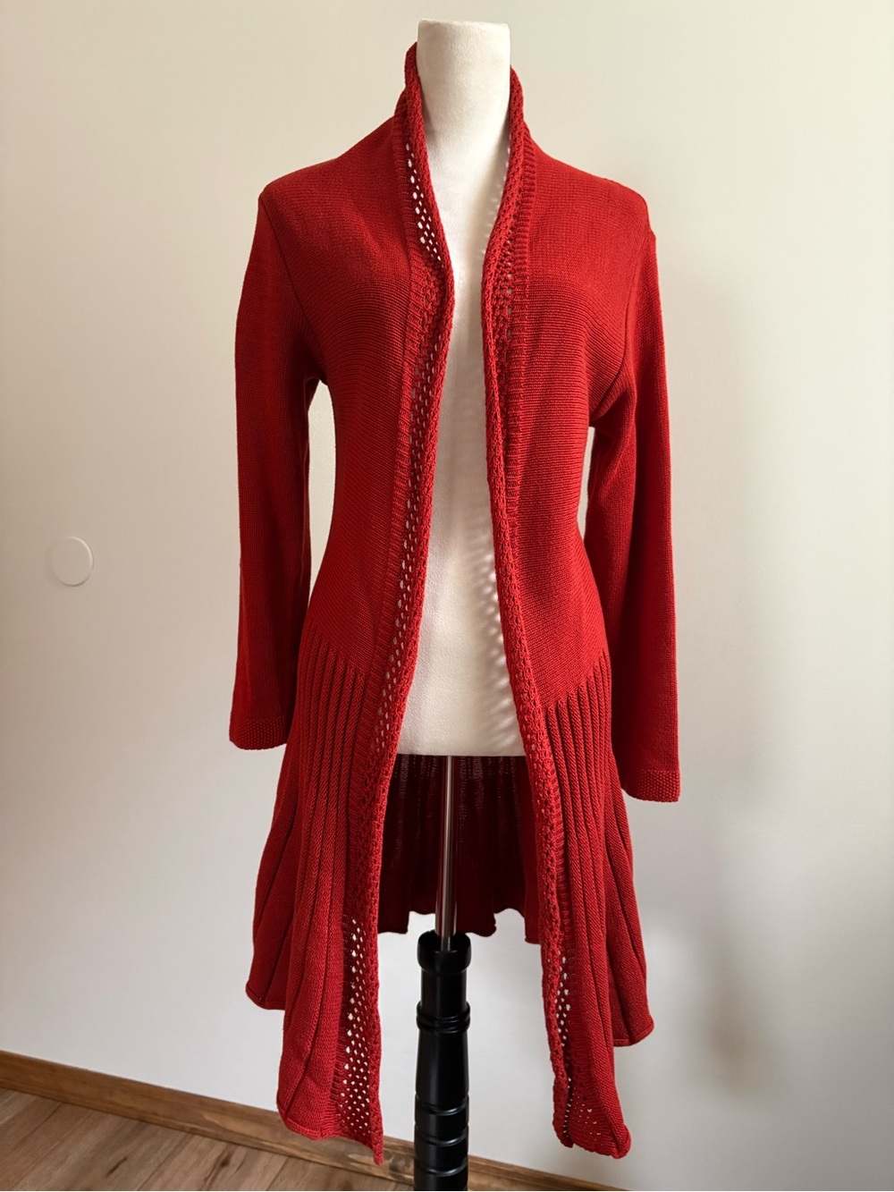 Red Open-Front Longline Knit Cardigan